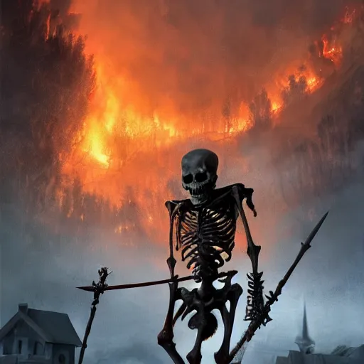 Prompt: a highly detailed cloaked skeleton demon holding a spear watching a house on fire, firestorm, wide perspective, low perspective, burning village, highly detailed digital art, cinematic, hyper realism, oil on canvas, trending on Artstation, octane render