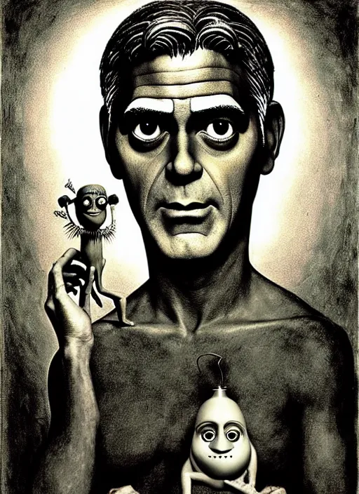 Prompt: photograph of george clooney from monsters inc. by hieronymus bosch, joel peter witkin, misha gordin, gustave dore, matte painting