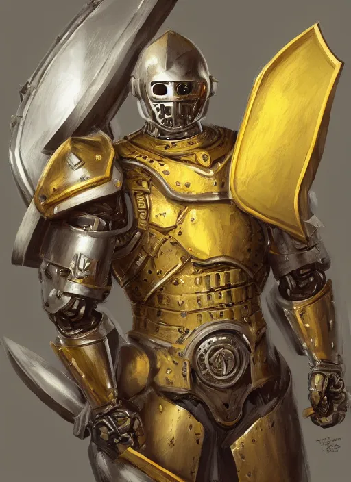 Prompt: dynamic portrait of a intricate mechanical warforged character in yellow armor holding a paladin engraved great longsword and carrying a big shield, epic , trending on ArtStation, cinematic lighting, by Jesper Ejsing