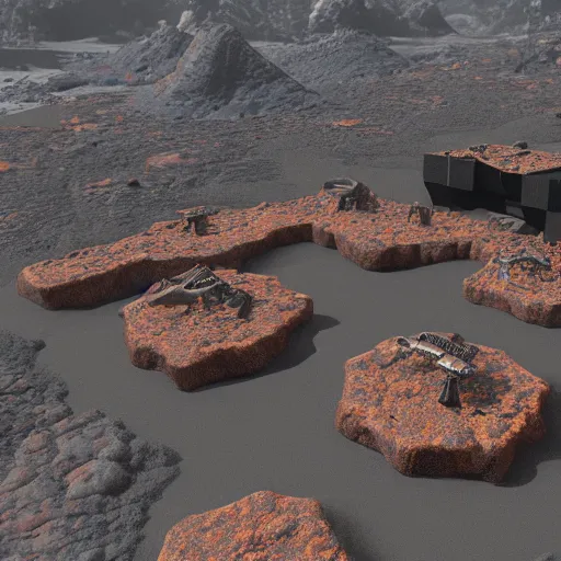 Image similar to isometric view of a small colony on a lava planet, photorealistic unreal engine