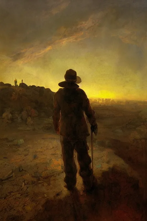 Prompt: beautiful clean oil painting of man watching the sunset on the landfill by rafael albuquerque, wayne barlowe, rembrandt, detailed, stunning