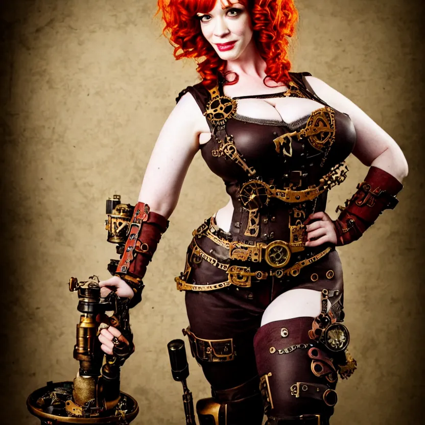 Image similar to full body photograph of christina hendricks as a steampunk warrior, extremely detailed. dslr. 8 5 mm.