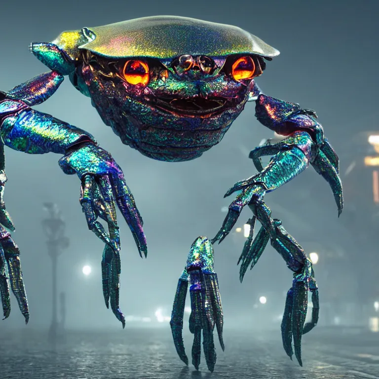 Image similar to vfx portrait shot by weta digital and industrial light and magic ilm, a colorful iridescent crab monster made out of shiny reflective silver metallic chrome with detailed intricate glowing bioluminescence, in the streets of a dark and moody seaside town, heavy fog, octane render, cinema 4 d, ray traced lighting, very short depth of field, bokeh