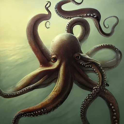 Prompt: a dream fantasy painting of a octopus eat a man in the deep of the ocean, by beksinki, giger, greg rutkowski, carne griffith trending on artstation, deviantart, photorealism