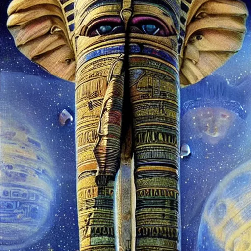 Prompt: the annunaki have returned to egypt wearing space suits that look like egyptian pharoah head - dresses and breathing hoses that look like elephant trunks - alien - looking, futuristic, detailed, photo - realism - by bob ross