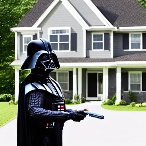 Prompt: Darth Vader buying a house, photo realistic, award-winning, highly-detailed