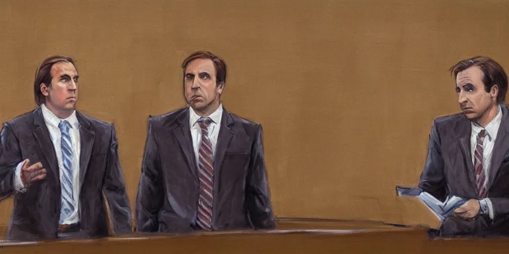 Image similar to saul goodman defending michael scott in acourt, courtroom painting