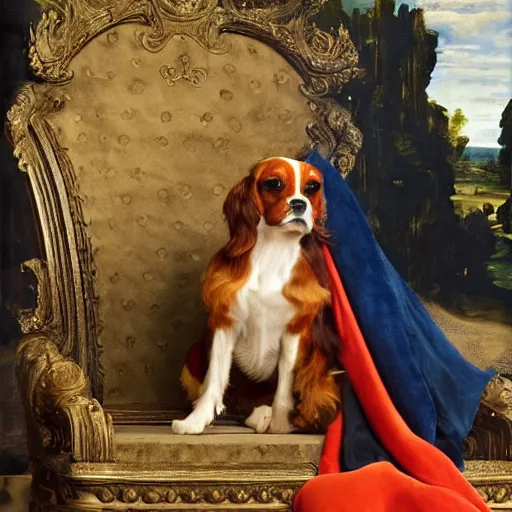 Prompt: a cavalier king charles sitting on a royal medieval throne, renaissance painting, in the style of rococo