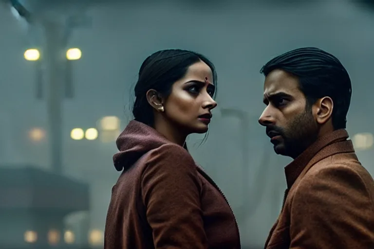 Image similar to film still of closeup beautiful model indian couple in blade runner 2 0 4 9, train station, cinematic, moody, gritty neon noir by emmanuel lubezki