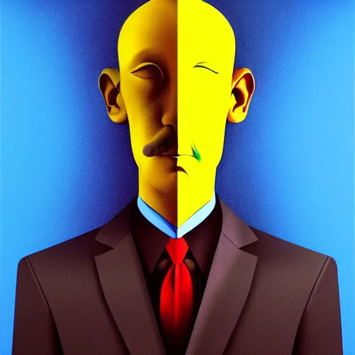 Image similar to ultra realistic portrait ofa man in suit in a studio, ultra detailed, under blue, red and yellow cinematic lighting, salvador dali, cartoon, monument valley, escher