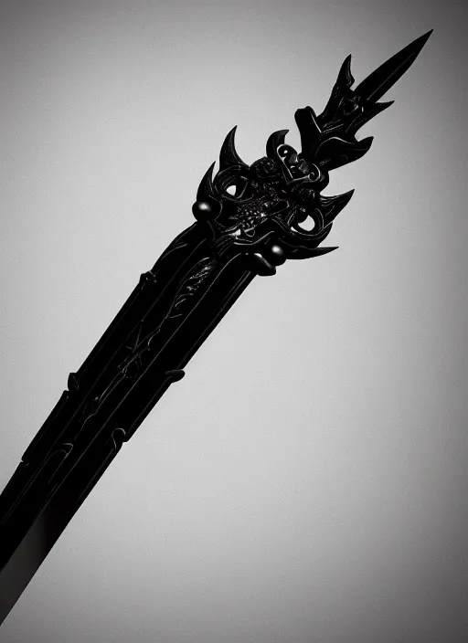 Image similar to a black long sword skull crest, orthographic, ornament, weapon, a 3 d render by dom qwek, front side full, trending on polycount, artstation, hard surface modeling, rendered in maya, 3 ds max, blender, hd, vray, berserk first person view, symmetry