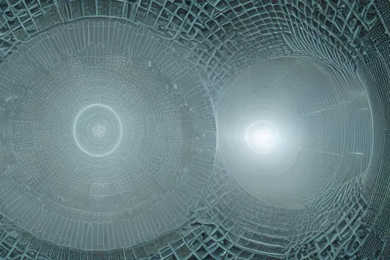 Image similar to a spaceship moving through a foggy complex organic fractal 3 d ceramic megastructure, cinematic shot, photo still from movie by denis villeneuve