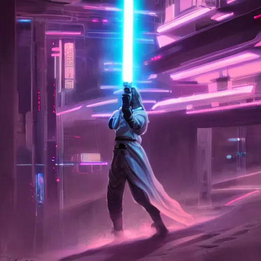 Image similar to Jedi lightsaber Duel future japan at night, Neon Lights, High contrast, concept art, fine details, studio ghibli, cinematic lighting, ghost-in-the-shell, cyberpunk,sci-fi, fantasy, intricate, elegant, highly detailed, digital painting, trending on artstation, concept art, smooth, sharp focus, illustration, by james gurney and greg rutkowski