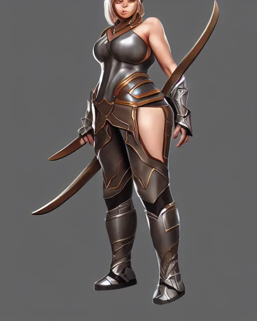 Image similar to concept art of a thicc female futurstic warrior, smooth slim fitted armor, sleek design, aerodynamic design, holding a large futurstic bow | | epic - fine - clean, polished, trending on artstation, brush strokes