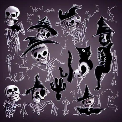 Prompt: 2d classic halloween decorations, ghost, skeletons, black cats, high detail, in the style of Beistle studio lighting