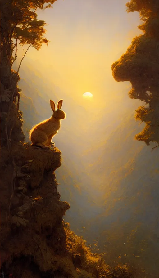 Image similar to rabbit looking off of a cliff, sun setting behind rabbit, lush forest in valley below, painted by tom bagshaw, james gurney, gaston bussiere, craig mullins, j. c. leyendecker 8 k