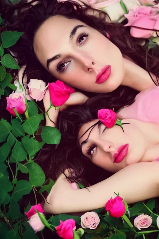 Prompt: fine art photo of the beauty gal gadot, she is lying down and merging from pink roses, taken by oleg oprisco