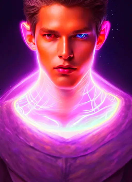 Prompt: a male faceless glowing liquefied stardust adventurer, dnd fantasy character, full body portrait, glowing neon skin, magical aura, ultra realistic, intricate, elegant, highly detailed, digital painting, artstation, smooth, sharp, focus, illustration, art by artgerm and greg rutkowski and alphonse mucha and alex grey
