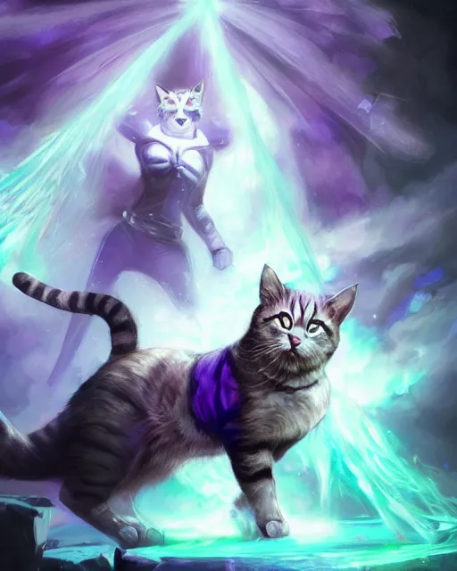 Image similar to Cat Illusionist, portrait, purple and blue, magic the gathering artwork, D&D, fantasy, cinematic lighting, centered, symmetrical, highly detailed, digital painting, artstation, concept art, smooth, sharp focus, illustration, volumetric lighting, epic Composition, 8k, art by Akihiko Yoshida and Greg Rutkowski and Craig Mullins, oil painting, cgsociety