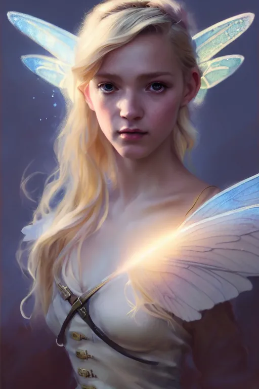 Image similar to cinematic shot of an epic portrait of a cute blonde fairy dressed in military clothes, stylised military clothes, large wings on back, shiny skin, beautiful, small details, realistic poster with volumetric light from jeremy lipkin and michael garmash, craig mallism, artgerm, unreal engine, radiant light, digital art, trends at art station, a masterpiece