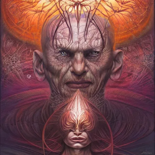 Image similar to FINAL BOSS by alex grey, by Esao Andrews and Karol Bak and Zdzislaw Beksinski and Zdzisław Beksiński, trending on ArtStation