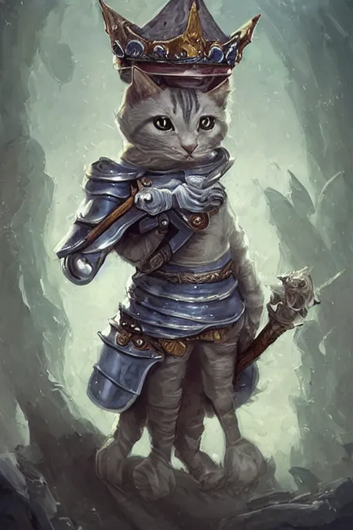 Image similar to cute little anthropomorphic cat knight wearing a cape and a crown, tiny, small, miniature cat , baby animal, short, pale blue armor, cute and adorable, pretty, beautiful, DnD character art portrait, matte fantasy painting, DeviantArt Artstation, by Jason Felix by Steve Argyle by Tyler Jacobson by Peter Mohrbacher, cinematic lighting