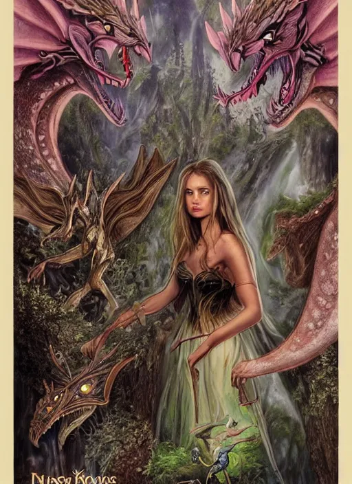 Image similar to movie poster, fantasy, kingdom in the woods, dragons, detailed profile of a beautiful woman, fairies, magical, enchanting, nostalgic, by john alvin,