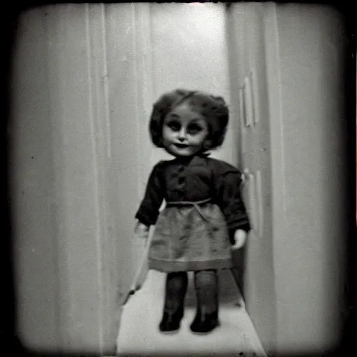 Image similar to creepy vintage doll in darkly lit hallway photo kodak brownie photo