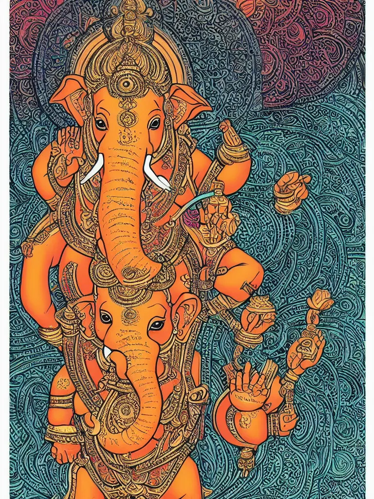 Prompt: portrait of a hindu god ganesha art by hydro 7 4, victo ngai sticker, colorful, illustration, highly detailed, simple, smooth and clean vector curves, no jagged lines, vector art, smooth