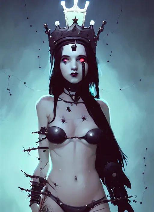 Image similar to portrait of cute goth maiden girl with crown of thorns in cyber bikini armor, warhammer, cyberpunk, by atey ghailan, by greg rutkowski, by greg tocchini, by james gilleard, by joe fenton, by kaethe butcher, dynamic lighting, gradient light blue, brown, blonde cream and white color in scheme, grunge aesthetic