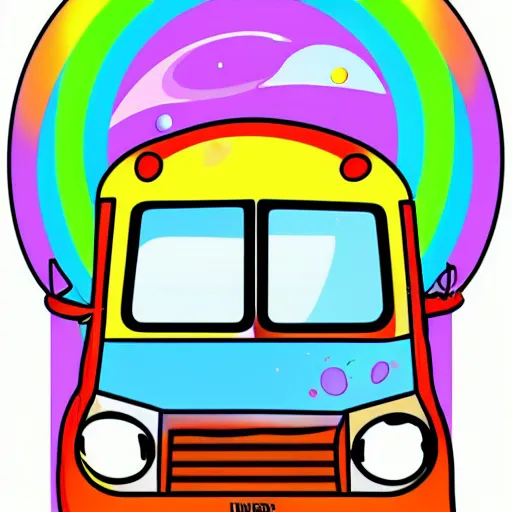 Prompt: a bus riding a rainbow in space, cartoon art, colorful