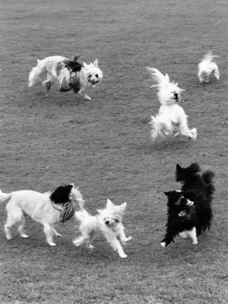 Image similar to a gray german spitz fights a white west highland terrier, disney style, 1 9 7 0 s