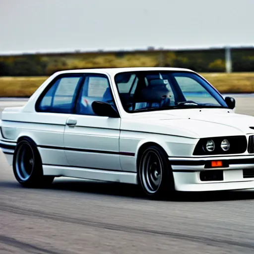 Prompt: a rolling shot of a modified bmw e 3 0 with lights on, on a street race track, motion blur, 1 5 0 mm lens