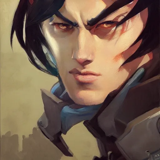 Image similar to greg manchess portrait painting of eren jager as overwatch character, medium shot, asymmetrical, profile picture, organic painting, sunny day, matte painting, bold shapes, hard edges, street art, trending on artstation, by huang guangjian and gil elvgren and sachin teng