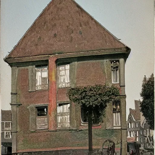 Image similar to Emil Verharn. 1900. Photo in color image. High definition. The city of Sint Amands. Symbolism on old houses.