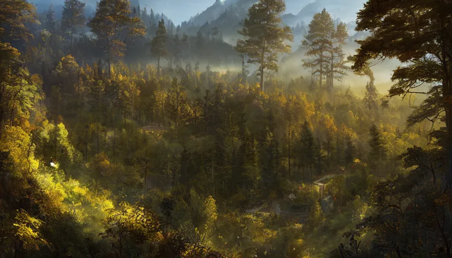 Prompt: view from a balcony overlooking a forest valley, highly detailed, sunny, blue sky, cinematic lighting, highly angle, godrays, volumetric, photorealistic, digital art painting by greg rutkowski