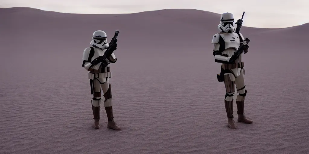 Image similar to scout trooper holding a lightsaber, icelandic desert, cinematic, underexposed, cinematography by greig fraser