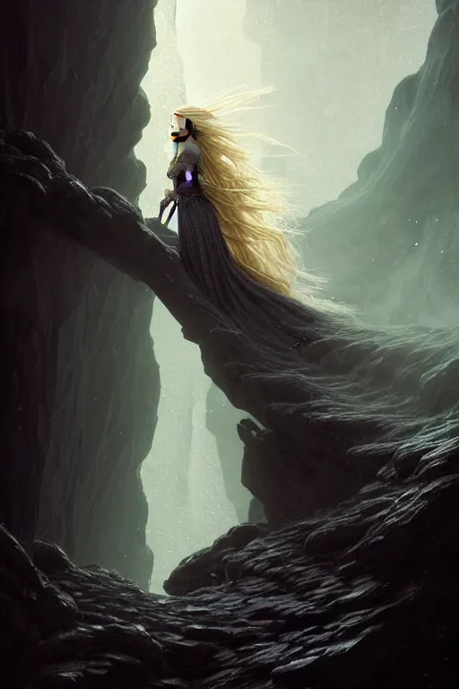 Image similar to A beautiful Norse Goddess with long flowing blonde hair on a ledge od deep abyss fantasy, intricate, elegant, highly detailed, D&D, digital painting, artstation, concept art, matte painting, sharp focus, illustration, extremely moody lighting, glowing light and shadow, atmospheric, shadowy, cinematic, in the style of Greg Rutkowski and artemisia gentileschi and Alphonse Mucha