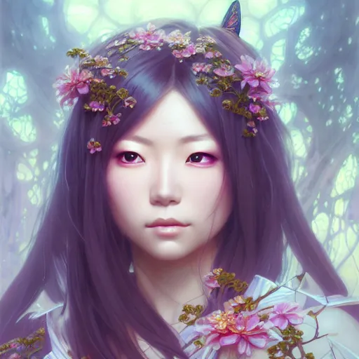 Image similar to Portrait of japanese gyaru, D&D, dark fantasy, sakura blooming on background, intricate, elegant, highly detailed, digital painting, artstation, concept art, smooth, sharp focus, illustration, art by artgerm and greg rutkowski and alphonse mucha