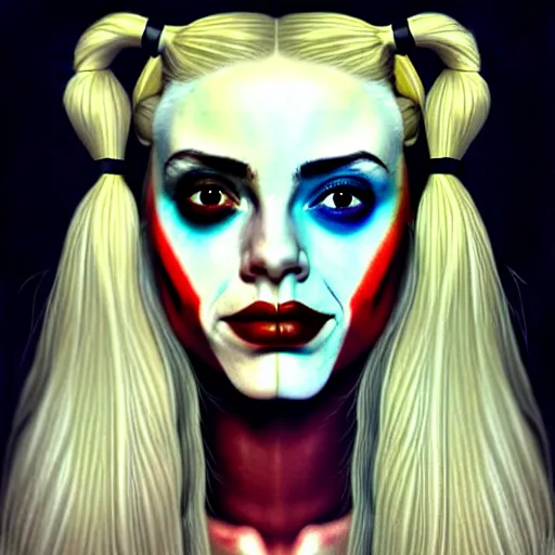 Prompt: close up face of an extremely beautiful face portrait, masterpiece oil on canvas painting, death and robots, harley quinn, artgerm, norman rockwell, craig mulins, trending on pxiv,