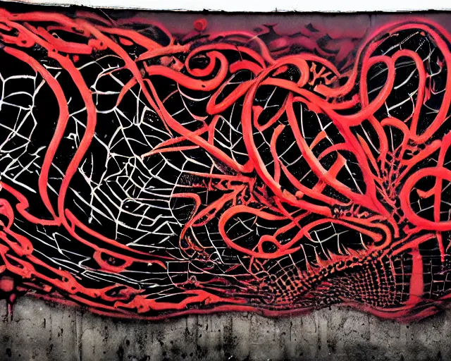 Image similar to 16k photorealistic image of a wall that has some lovecraftian graffiti on it inspired by wretched dragon rib cage. lovecraftian graffiti in red and black colors. the art is cursed and ecrusted with jewels. the grafiiti is inspired by cobwebs and venom.