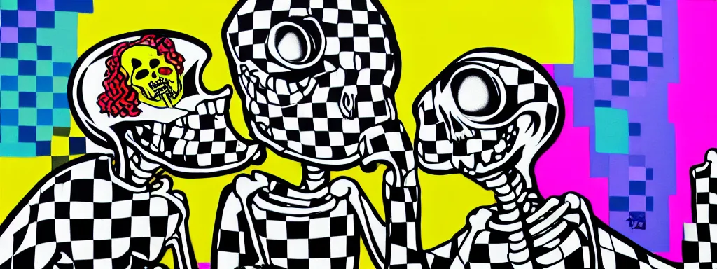 Image similar to ska skeleton and girlfriend, graffiti art, 8 0 s checkerboard 6 6 6, digital art, chalk, ultra detailed by tara mcpherson and gary houston, 5 0 mm