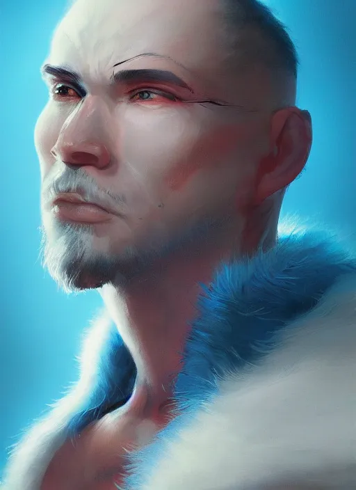 Prompt: portrait of a blue-skinned man wearing a fur coat, illustration, fantasy, by artgerm and Craig Mullins, James Jean, Andrey Ryabovichev, Mark Simonetti and Peter Morbacher 16k, trending on ArtStation, masterpiece