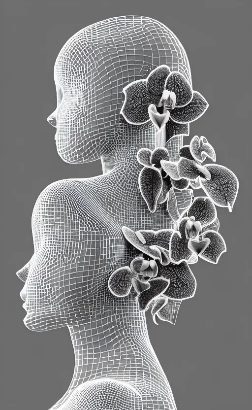 Image similar to a black and white 3D render of a beautiful profile face portrait of a female vegetal-dragon-cyborg, 150 mm, orchid stems, ivy, fine vegetal lace, Mandelbrot fractal, anatomical, flesh, facial muscles, microchip, veins, arteries, full frame, microscopic, elegant, highly detailed, flesh ornate, elegant, high fashion, rim light, octane render in the style of H.R. Giger