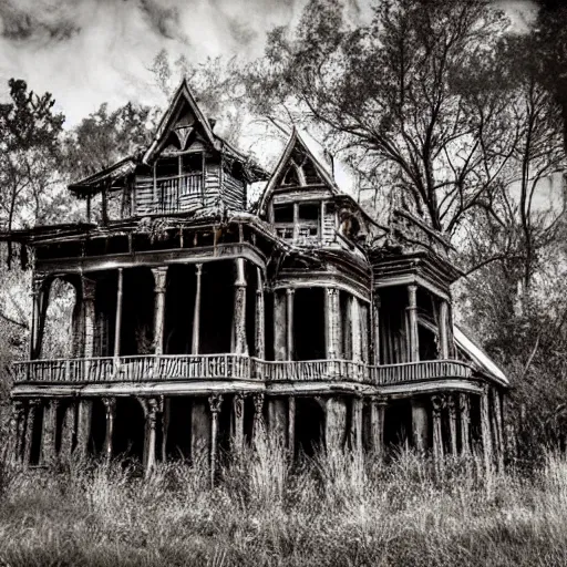 Prompt: ancient wood and iron creepy old abandoned Victorian mansions made of pipe organ parts by ashley wood and phil hale, Vintage photography