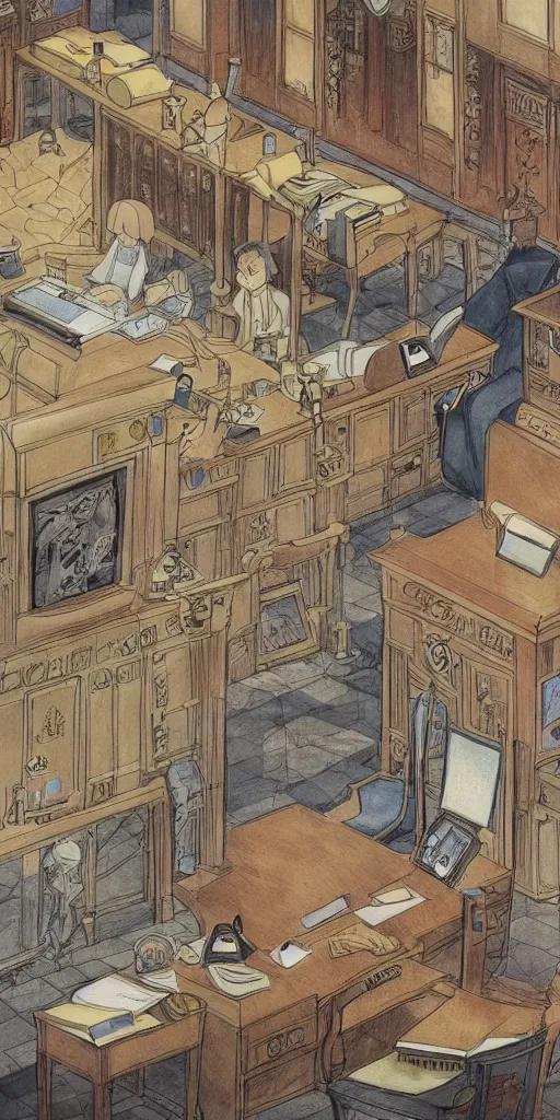 Prompt: a court room with a justice scale on the desk, drawn by a famous anime artist Hayao Miyazaki, high quality, fine lines, amazing detail. colored, intricate ink painting, the justice tarot card, concept art psychedelia,