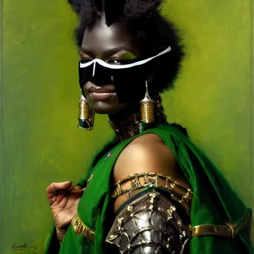 Prompt: full body portrait of black skinned, masked queen in green and black gothic robes sitting on a throne of cats, elegant, highly detailed painting by gaston bussiere, craig mullins, j. c. leyendecker, 8 k, mid shot