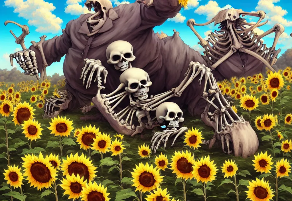 Prompt: chubby giant monster bones and skeletons in the countryside with sunflower in the foreground, intricate oil painting, high detail illustration, sharp high detail, manga and anime 1 9 9 9, official fanart behance hd artstation by jesper ejsing and makoto shinkai, 4 k,