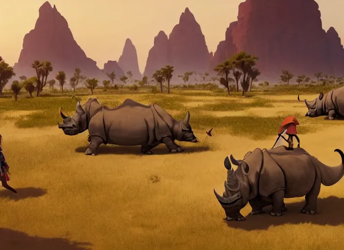 Image similar to the big large expedition with a lot of explores, warriors and adventurers, being brought by several rhinos carrying things towards the desert of duhnes medium shot, studio ghibli, pixar and disney animation, sharp, rendered in unreal engine 5, anime key art by greg rutkowski, bloom, dramatic lighting