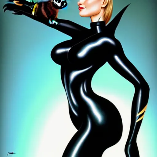 Prompt: portrait of bat woman holding a black cat, confident pose, radiant light, art by peter lloyd 1 9 8 0, airbrush style, art by hajime sorayama,, intricate, elegant, sharp focus, illustration, highly detailed, concept art, matte, sharp focus, illustration, highly detailed, concept art, h 6 4 0